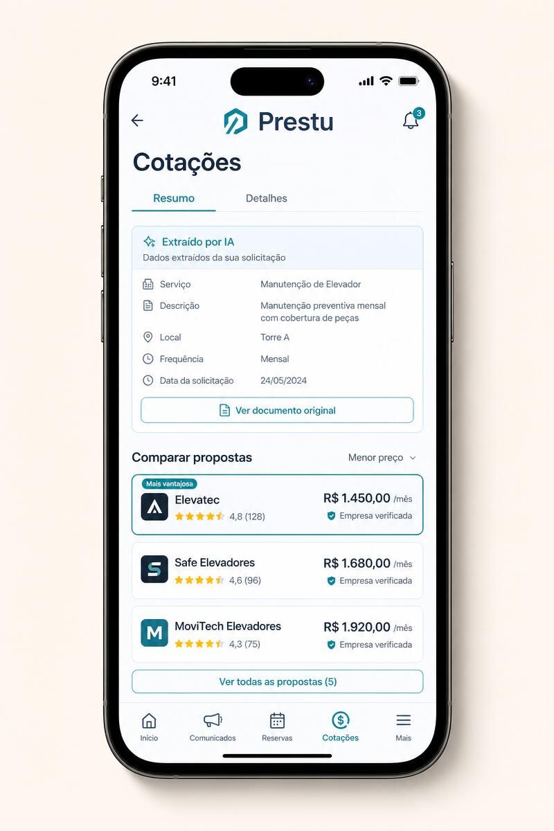 Tela de cotações do Prestu no mobile
